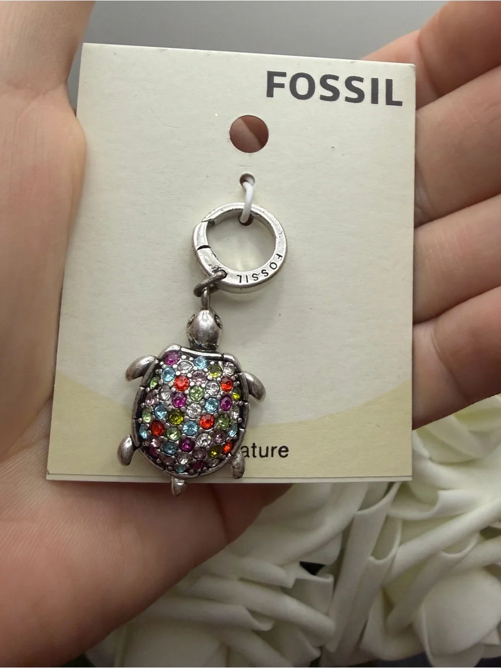 Fossil Silver Turtle Charm with Multicolor Crystals
